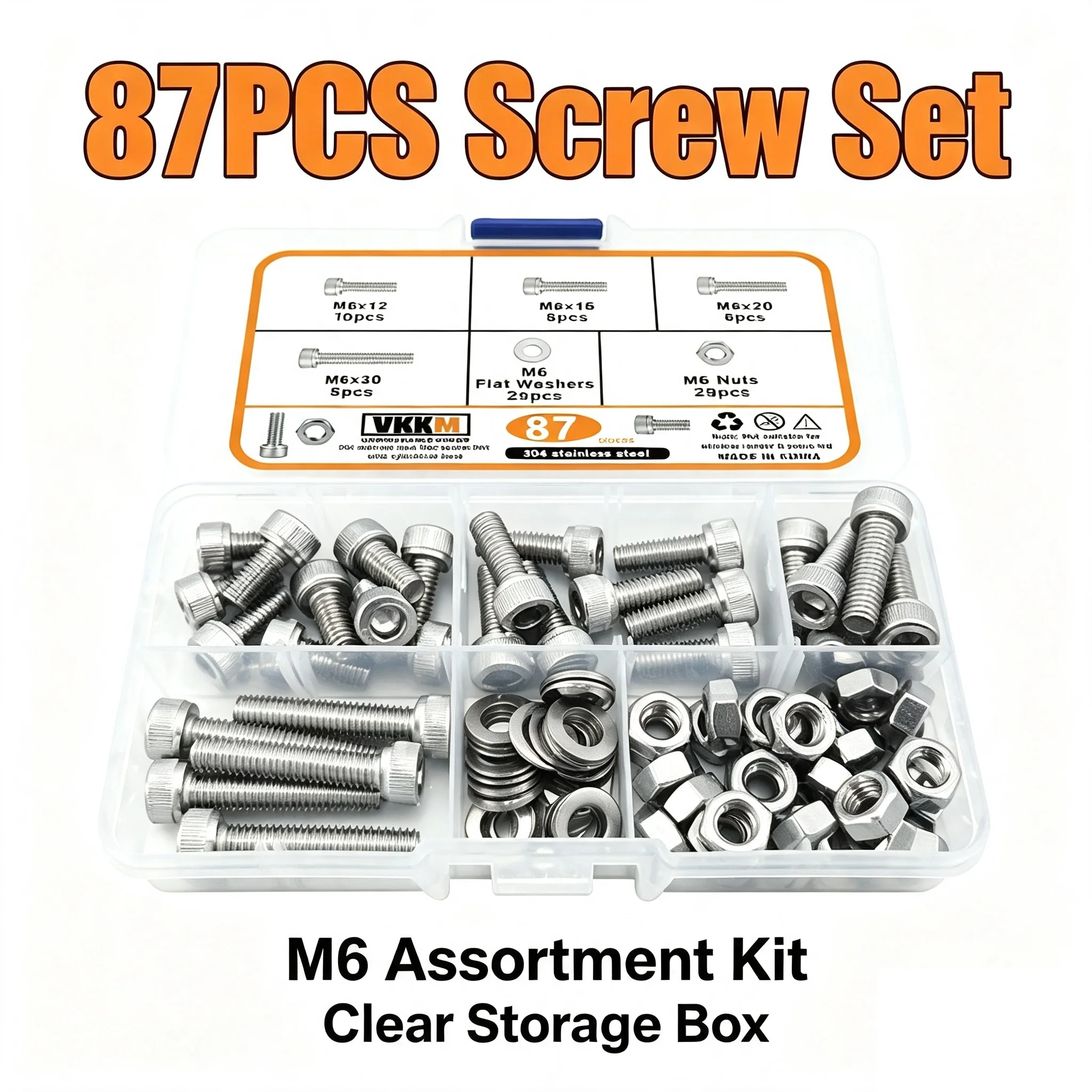 VKKM-87PCS M6 304 Stainless Steel Hex Socket Cap Head Screws Nuts Flat Washers Assortment Kit, Clear Plastic Storage Box Fastener Set for Aluminum Profile, Machinery, DIY Furniture Shelf