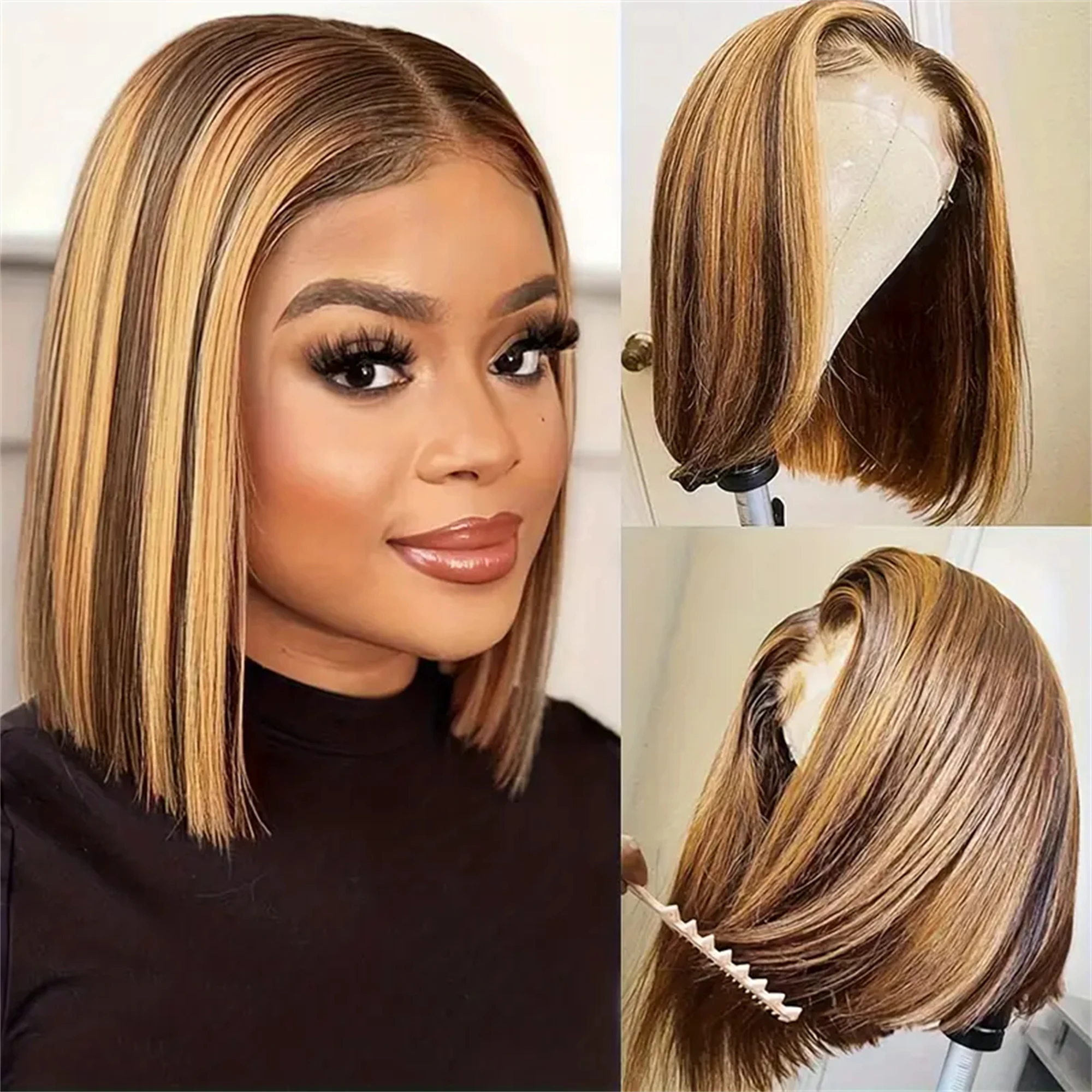 Brown Blonde Color Bob wig Straight Human Hair Bob Wig 13x4 Lace Front Wigs Human Hair Ready Wear Brazilian Sale For Black Woman