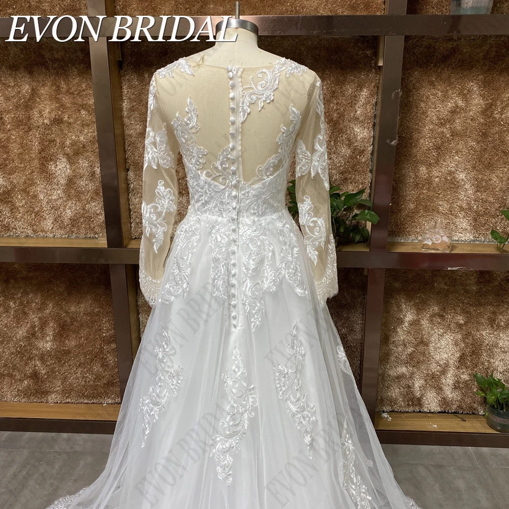 EVON BRIDAL Suknie ślubne z długim rękawem dla kobiet Boho A-Line vestidos de novia cywilne koronkowe tiulowe suknie panny młodej wykonane na zamówienie iluzja aplikacje guziki z tyłu suknia ślubna szyk prawdziwe zdjęc