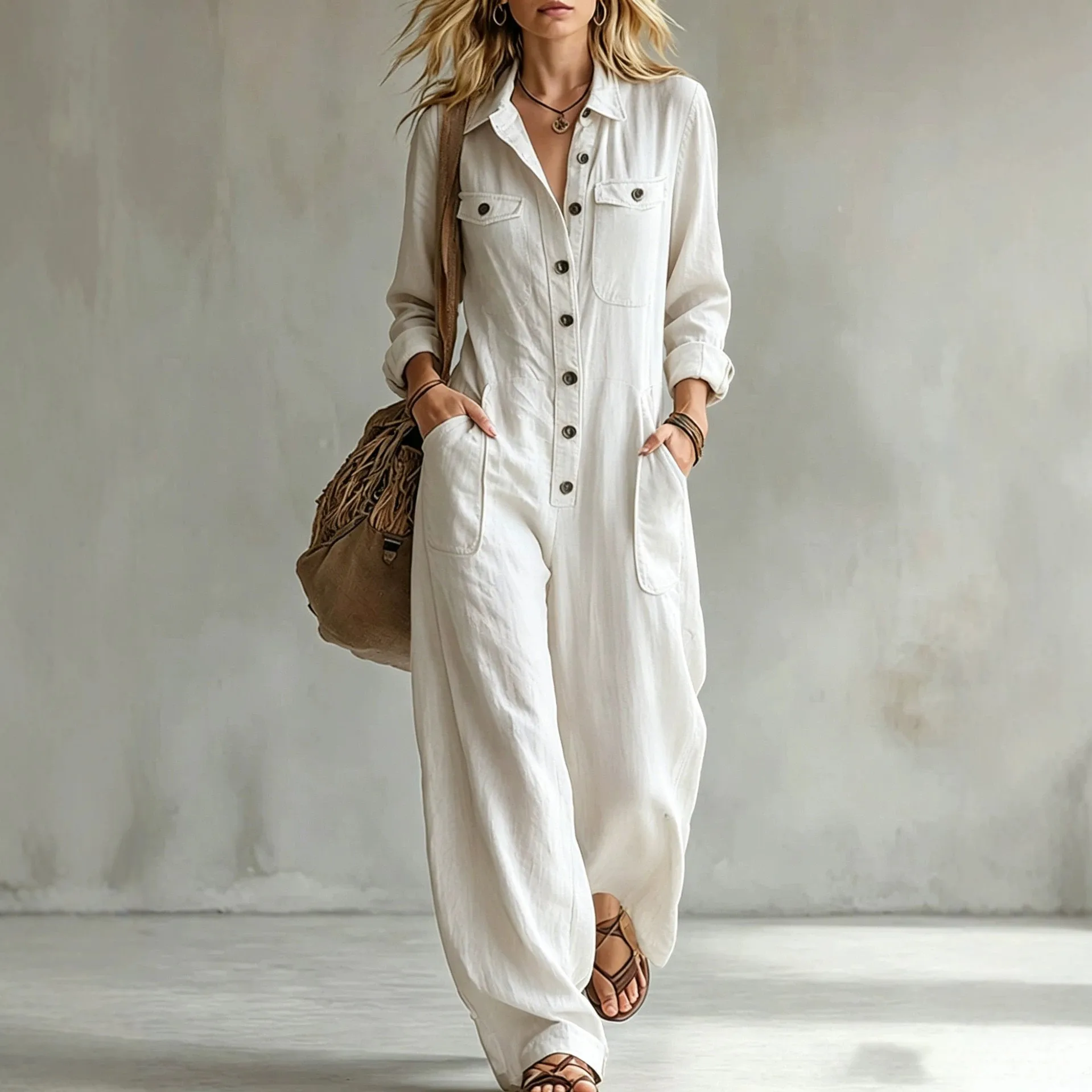 Long Sleeve Loose Fit Pants Full Length Elegant Commuter with Slight Stretch Jumpsuits Streetwear Loose Fit Women Jumpsuit