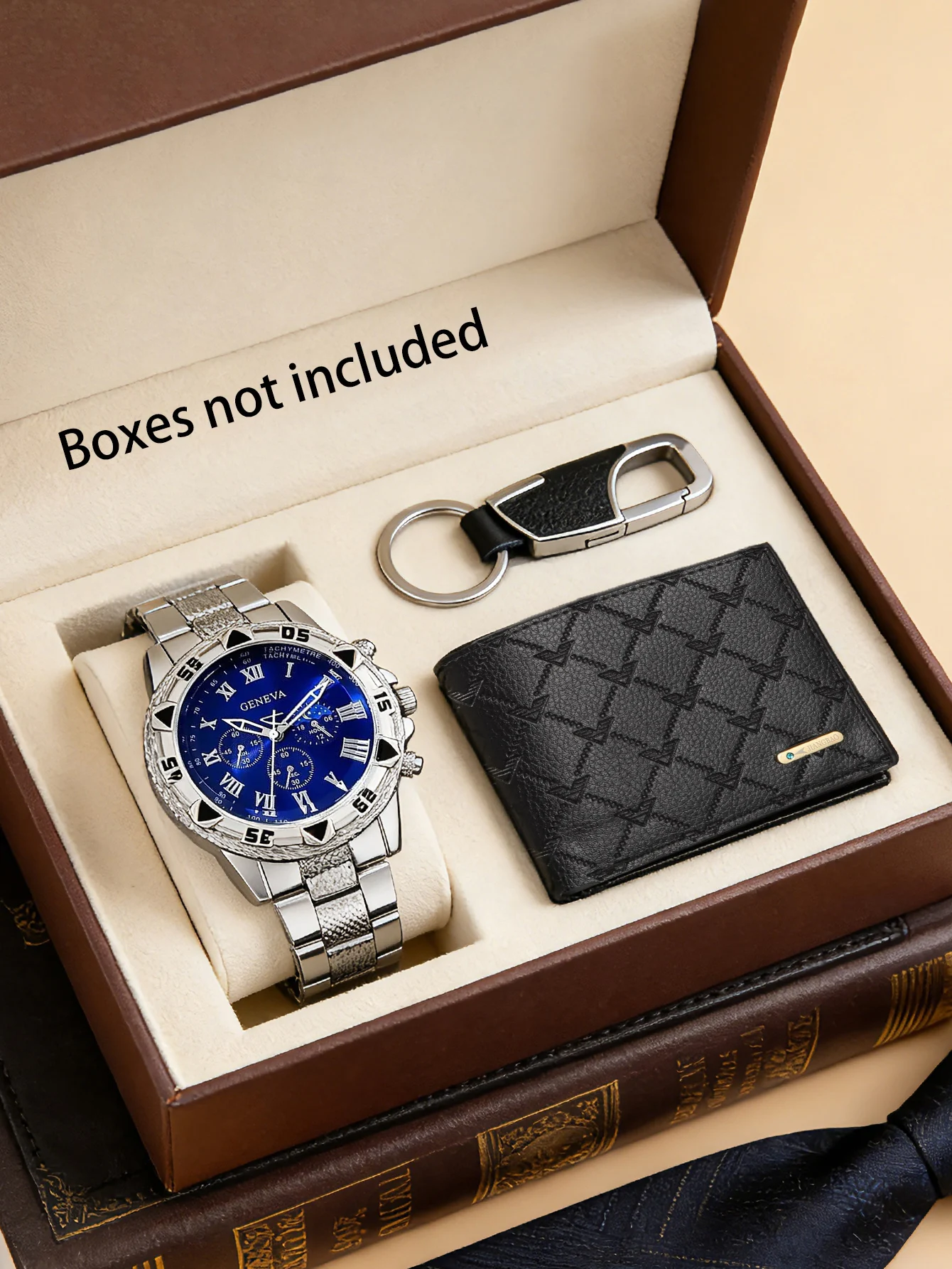 3-Piece Set, Men's New Stainless Steel Quartz Watch with Keychain and Wallet Set, Versatile for Everyday Casual Wear, Essential for Outings, Business Trips, and Travel, a Great Gift for Father, Boyfriend, or Brother.