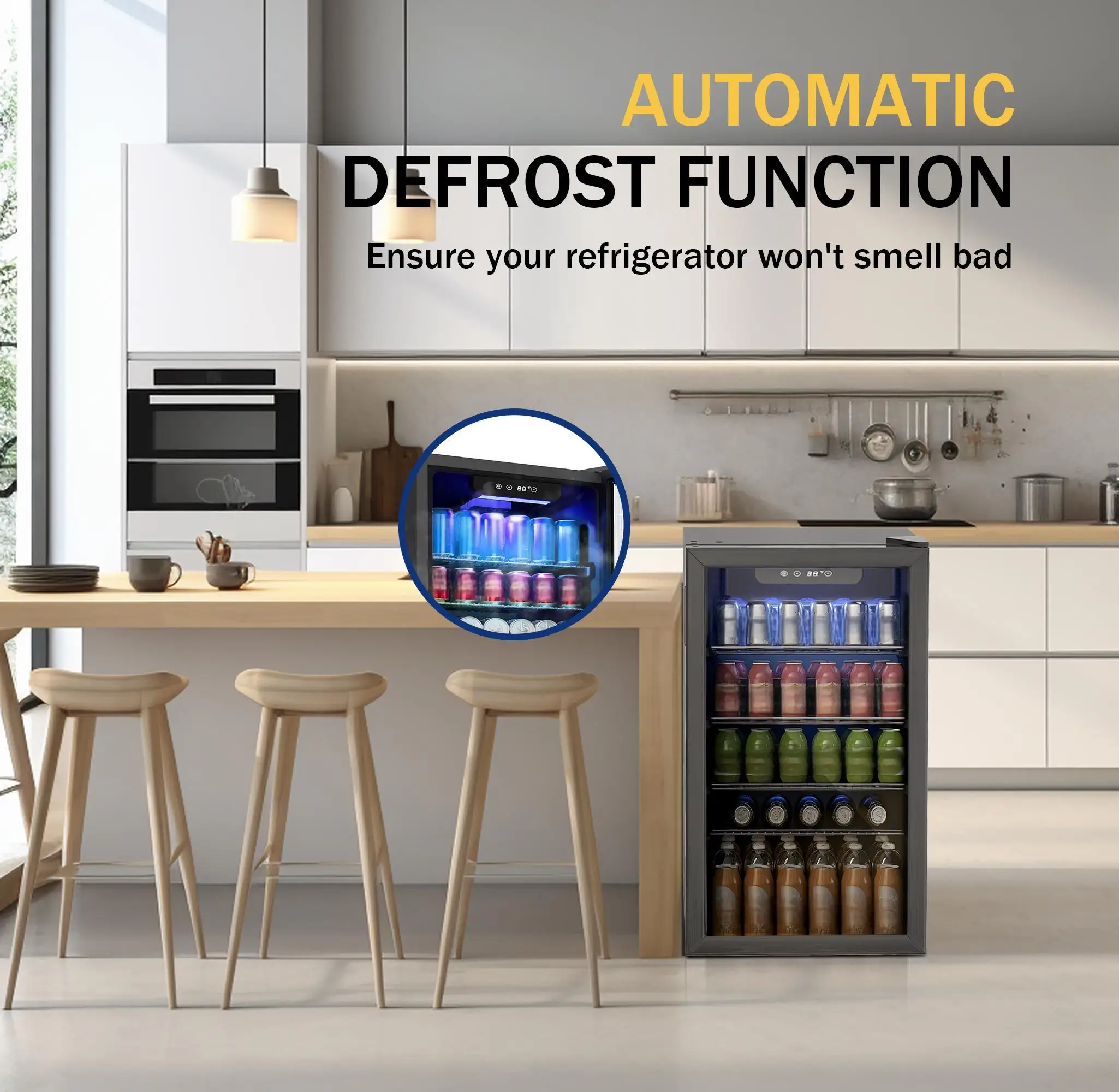 EKOJUCE Beverage Refrigerator and Cooler, 126 Can Mini fridge with Glass Door, Small Refrigerator with Adjustable Shelves for Soda Drinks or coco, Perfect for Home/Ba r/Office (Black/Sliver Steel)