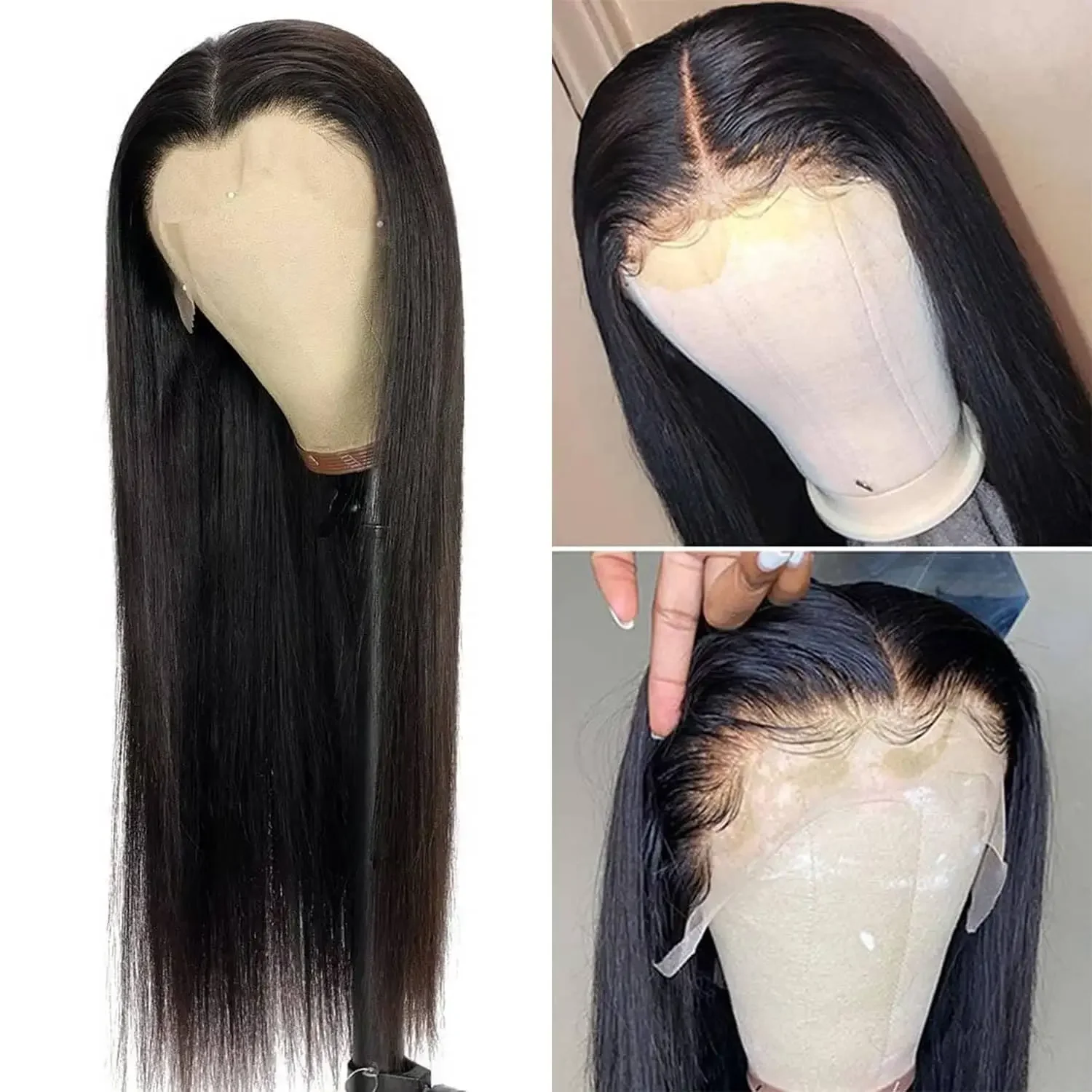 Peluca de cabello humano liso para mujer, postizo de encaje Frontal transparente, sin pegamento, predesplumada, 13x4