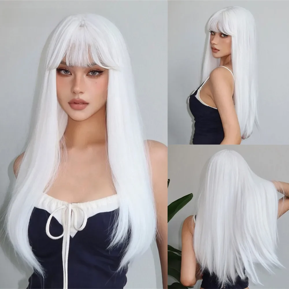 HENRY MARGU Weiße lange gerade synthetische Perücken für Frauen, buntes Cosplay-Party-Kunsthaar mit Pony, weiße Perücke, Hochtemperatur
