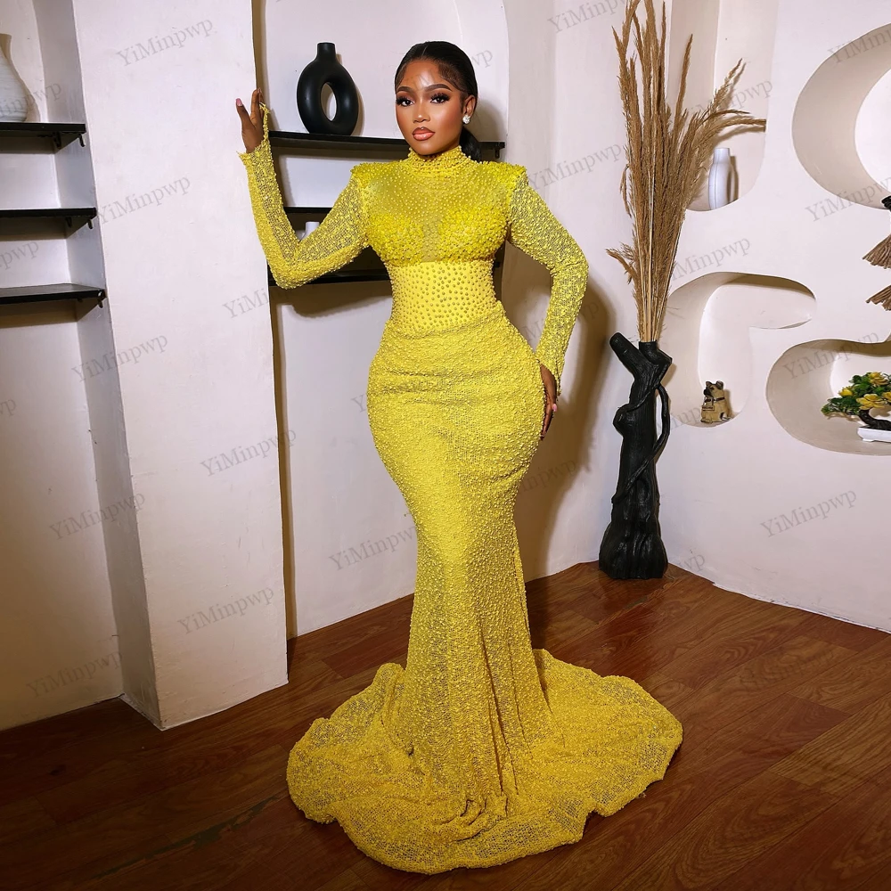 

Вечерние платья Aso Ebi 2025, расшитые бисером платья русалки с высоким воротом и длинными рукавами на день рождения, роскошные платья для торжественных случаев по индивидуальному заказу