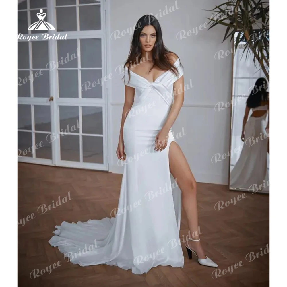 Sexy Side Split V Neck Off The Shoulder Simple Pleat Satin Mermaid Wedding Dress For Women 2025 Boho Bridal Gown vestidos robe