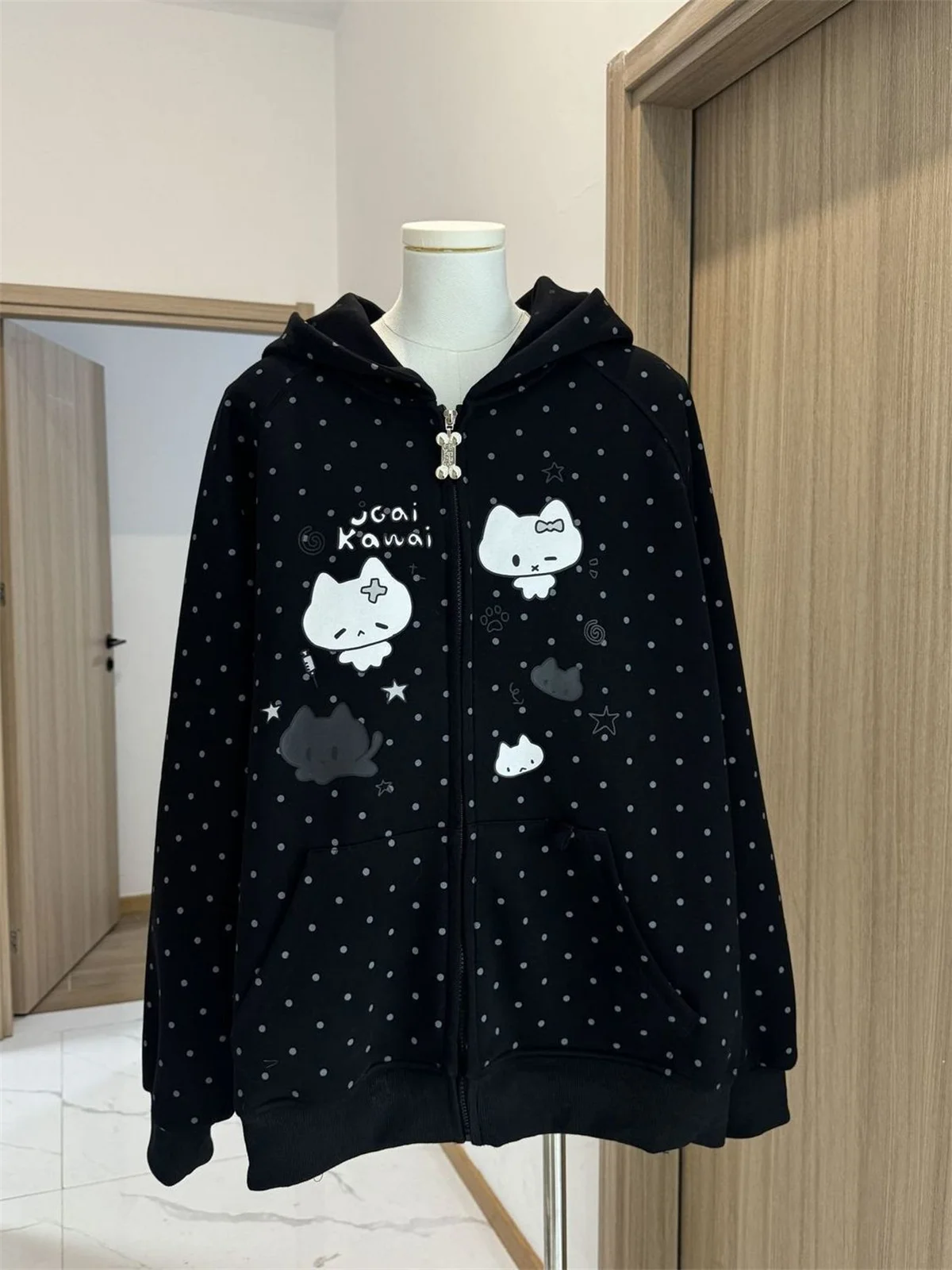 Japanische Y2k Hoodies Jacken Frauen Kleidung Polka Dot Katze Drucken Sweatshirts 2025, Ropa Mujer Casual Chic Mit Kapuze Nette Hoodie Tops