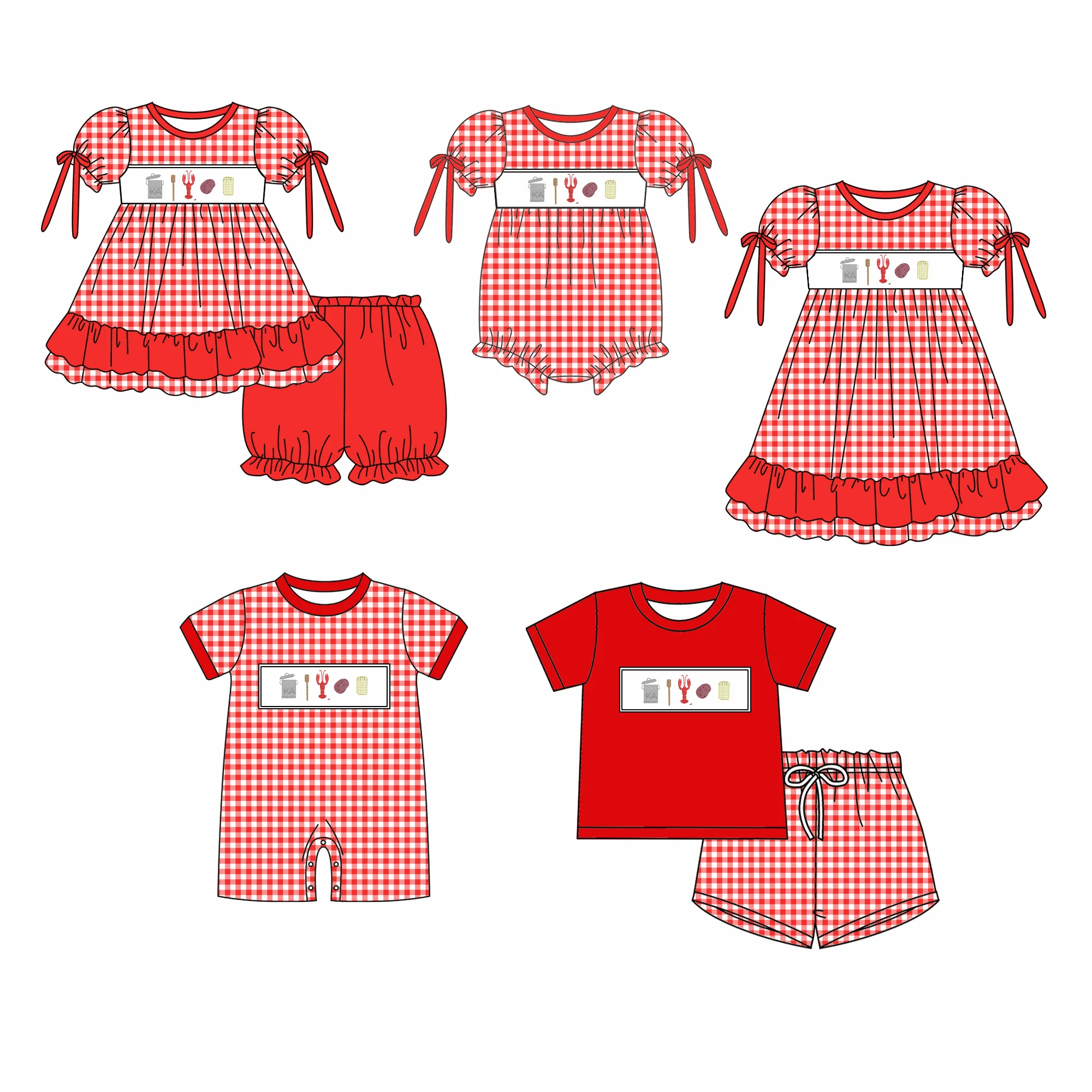 New boutique children set short-sleeved elastic bow corn shrimp potato print shorts elastic girl boy shorts set baby romper dres