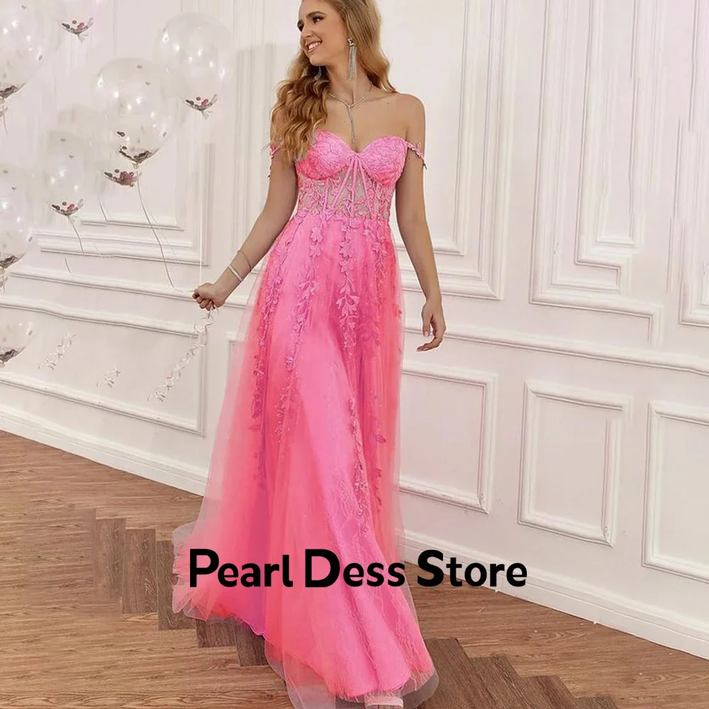 

Pearl Pink Evening Dresses Woman Elegant Dresses for Women Wedding Party Dress Line A Embroidered Lace Spaghetti Straps Prom