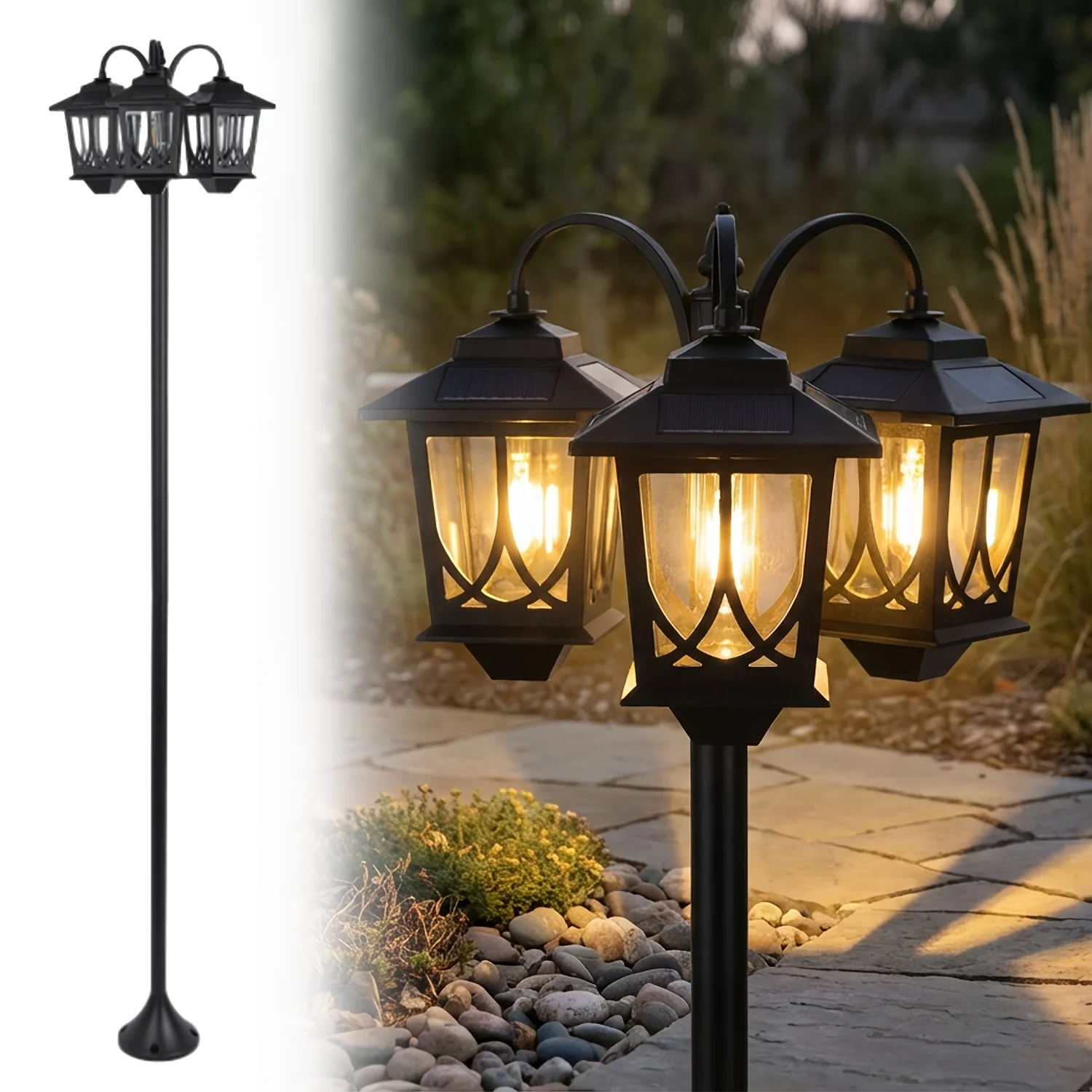 Three-Head Solar Outdoor Lamp Post | 73-Inch Lamp Post, Semi-Flush Installation…