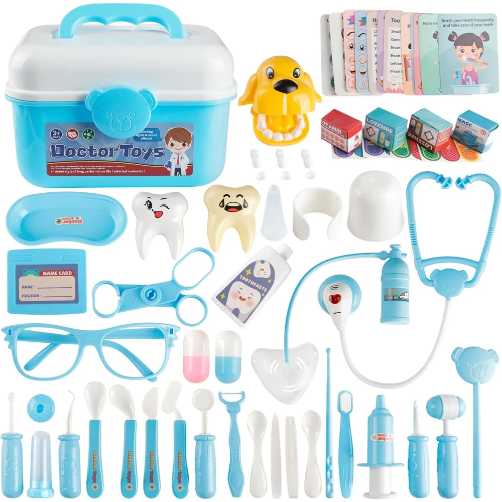 Kids Toys Doctor Set - 子供用お医者さんごっこセット。聴診器、注射器、車輪付きトローリー、スーツケースが付属。幼児の誕生日プレゼントに最適。