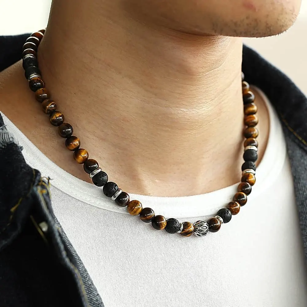 

Natural Tiger Eyes Stone Mixed Lava Bead Necklace For Men Women Stainless Steel Bead Charm Toggle Clasp Jewelry