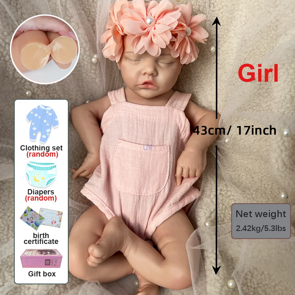 17 インチの愛らしいシリコーンリボーンベビードール手描きの女の子の目を閉じた赤ちゃん人形イースターギフト子供と人形愛好家のため