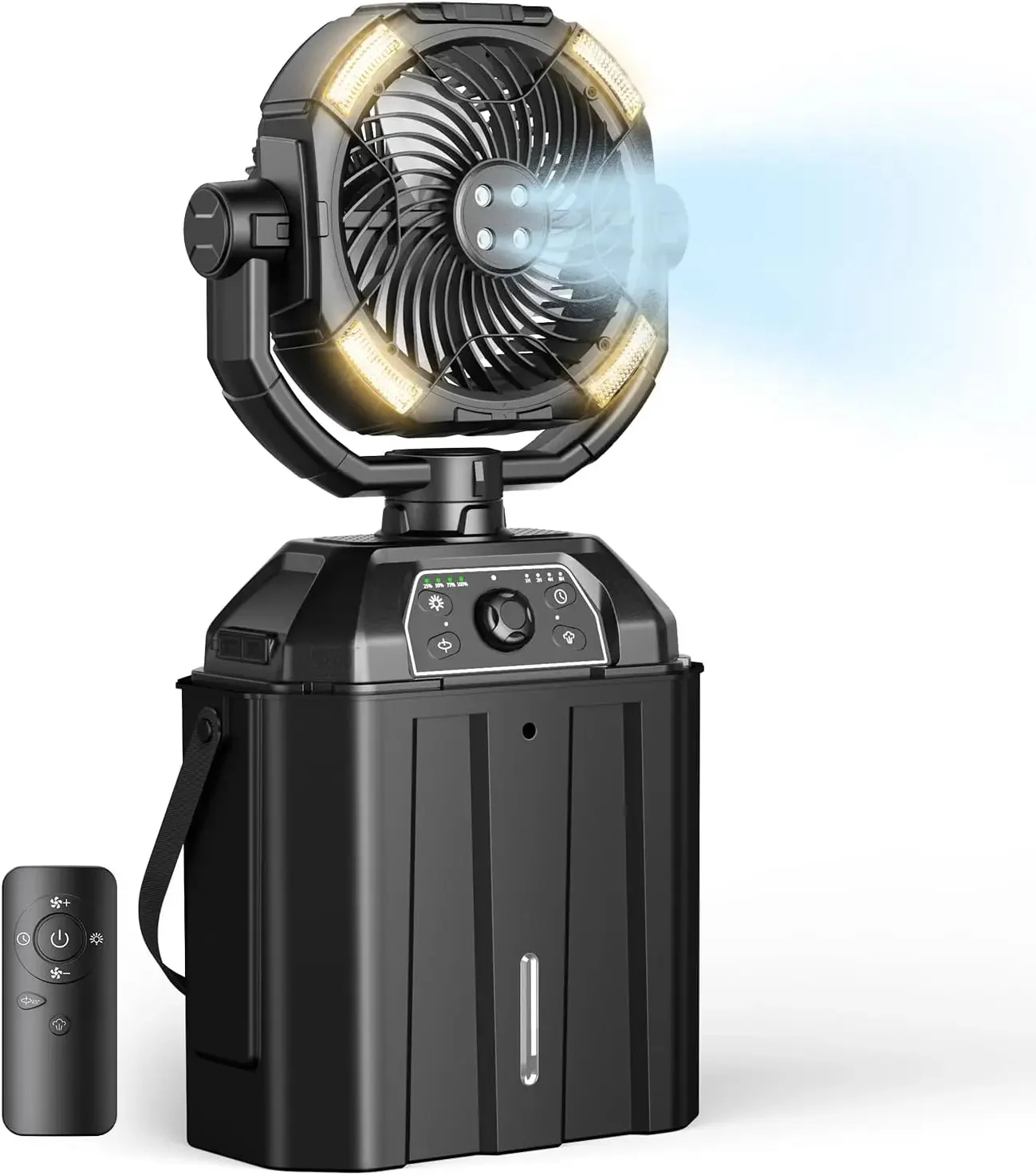 Tragbarer Nebelventilator, wiederaufladbarer automatischer Schwenkventilator mit 25000 mAh USB-Akku als Powerbank, 4 Nebelkühler, 7 l Eimer für den Außenbereich
