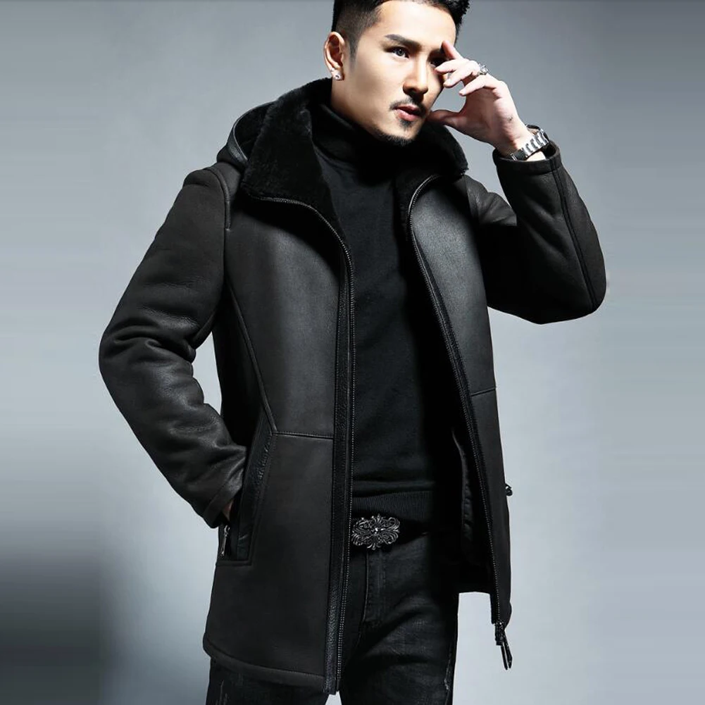 

​​Denny&Dora Men's Shearling Jacket - Black Sheepskin Mid-Length - Aviation Style - Flight Jacket