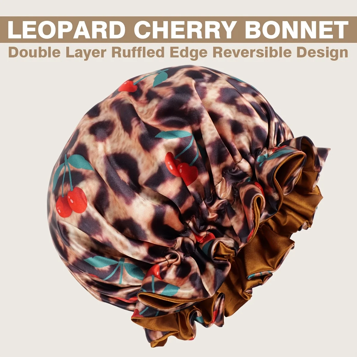 1-Piece Double-Layer Satin Sleep Cap, Leopard Print Cherry Pattern, Satin Wide-Brimmed Sleep Hat, Hair Care Cap, Beauty and Makeup Cap, Suitable for Nighttime Use, Provides Daily Hair Protection for Women