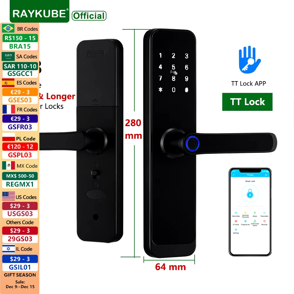 RAYKUBE K8 TT Lock Bluetooth Smart Door Lock Fingerprint Lock Digital Electric Lock With Longer Larger Handle Panels Doorbell