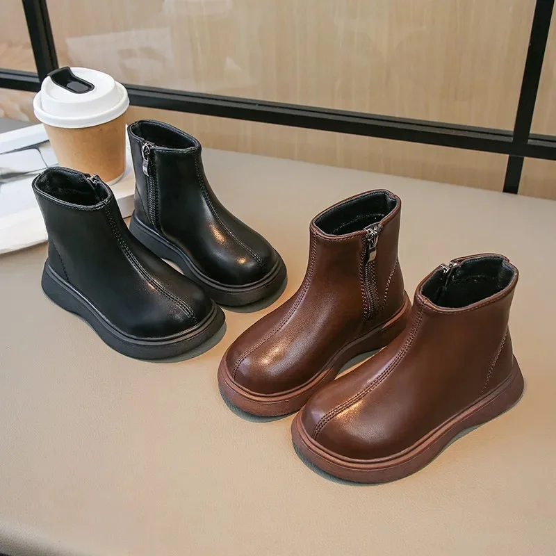Bottes en cuir courtes pour enfants, bottes simples pour filles, bottes de rinçage pour enfants, fermeture éclair latérale, optique astronomique, noir, automne, hiver, nouveau, mode 2024