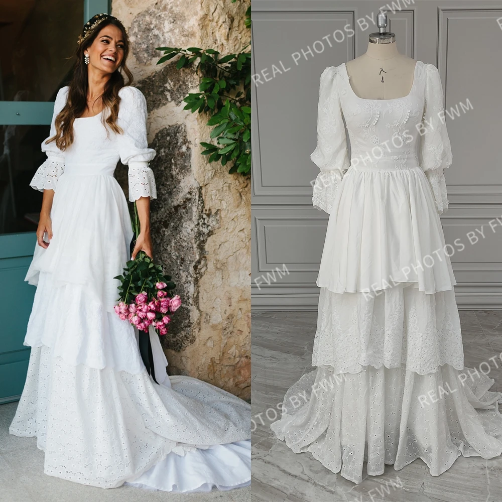 8764# Real Photos Vintage 3/4 Sleeves Low Back Tiered Lace Wedding Dress Bridal Gown For Women With Sweep Train Custom Made