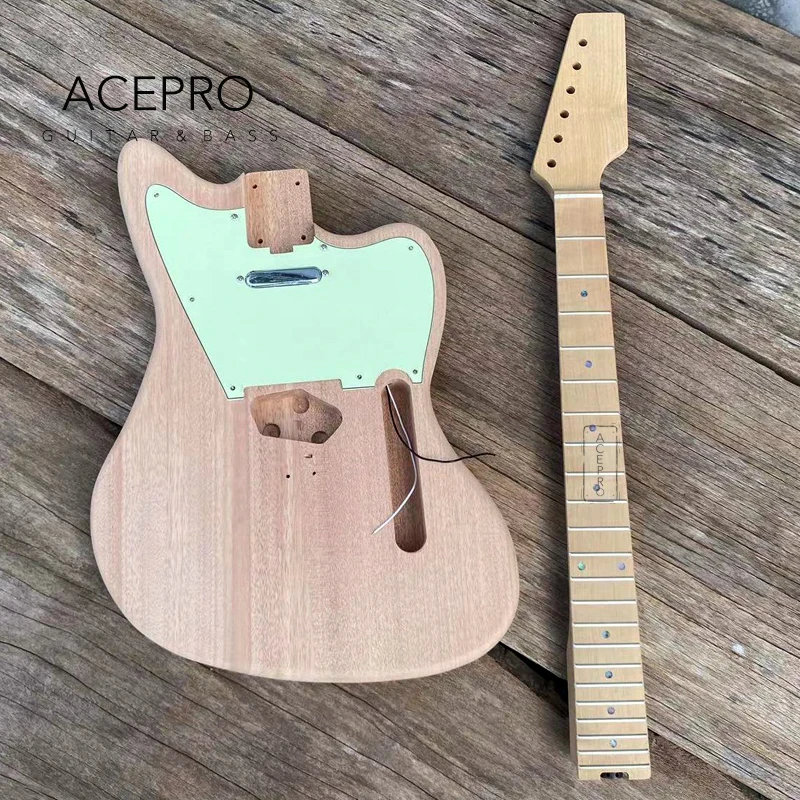 DIY Unfinished Electric Guitar Kits, Mint Green Pickguard, Abalone Inlay, Maple or Rosewood Fretboard with Guitar Parts No Paint