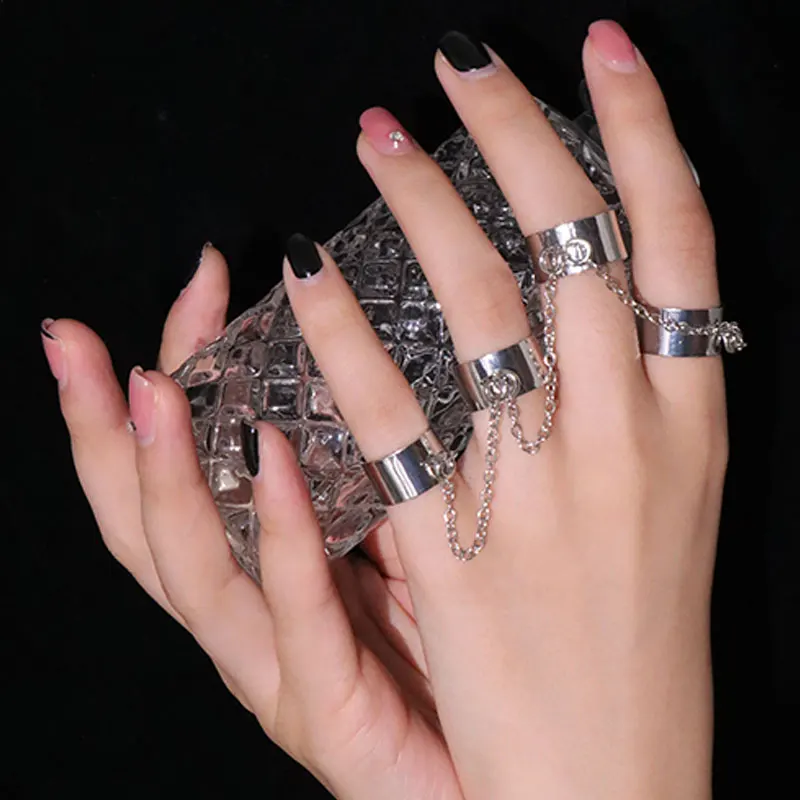 Silver Color Simple Metal Chain Mittens Rings for Women Girl Couple Y2K Harajuku Jewelry Punk Trend Hip Hop HUANZHI 2023 NEW