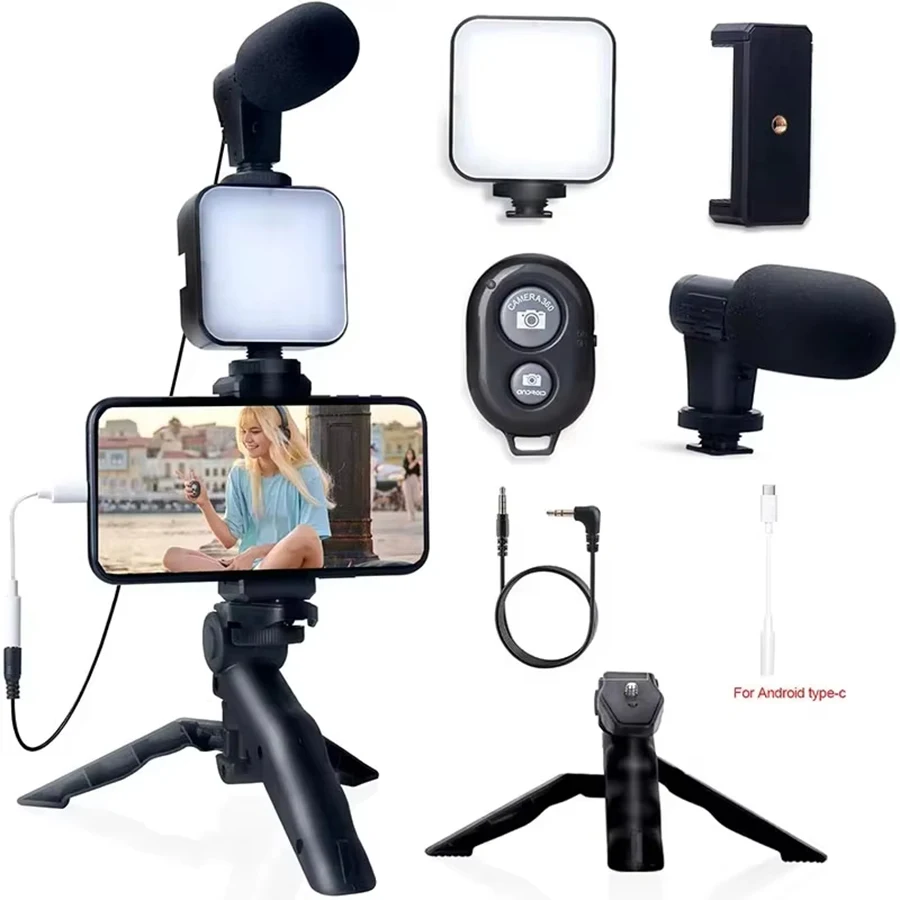 Kit 1 con iluminación y manija de micrófono trípode de mano | Lámpara LED de estudio, manija de trípode portátil mini profesional para tomar todo tipo de videos