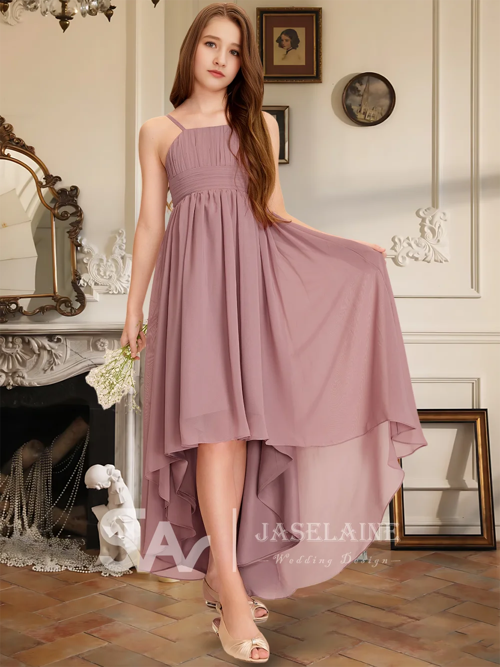 Элегантное квадратное асимметричное шифоновое платье трапециевидной формы для подружек невесты, праздничное платье для девочек, платье с цветочным узором для девочек, детское свадебное торжественное платье