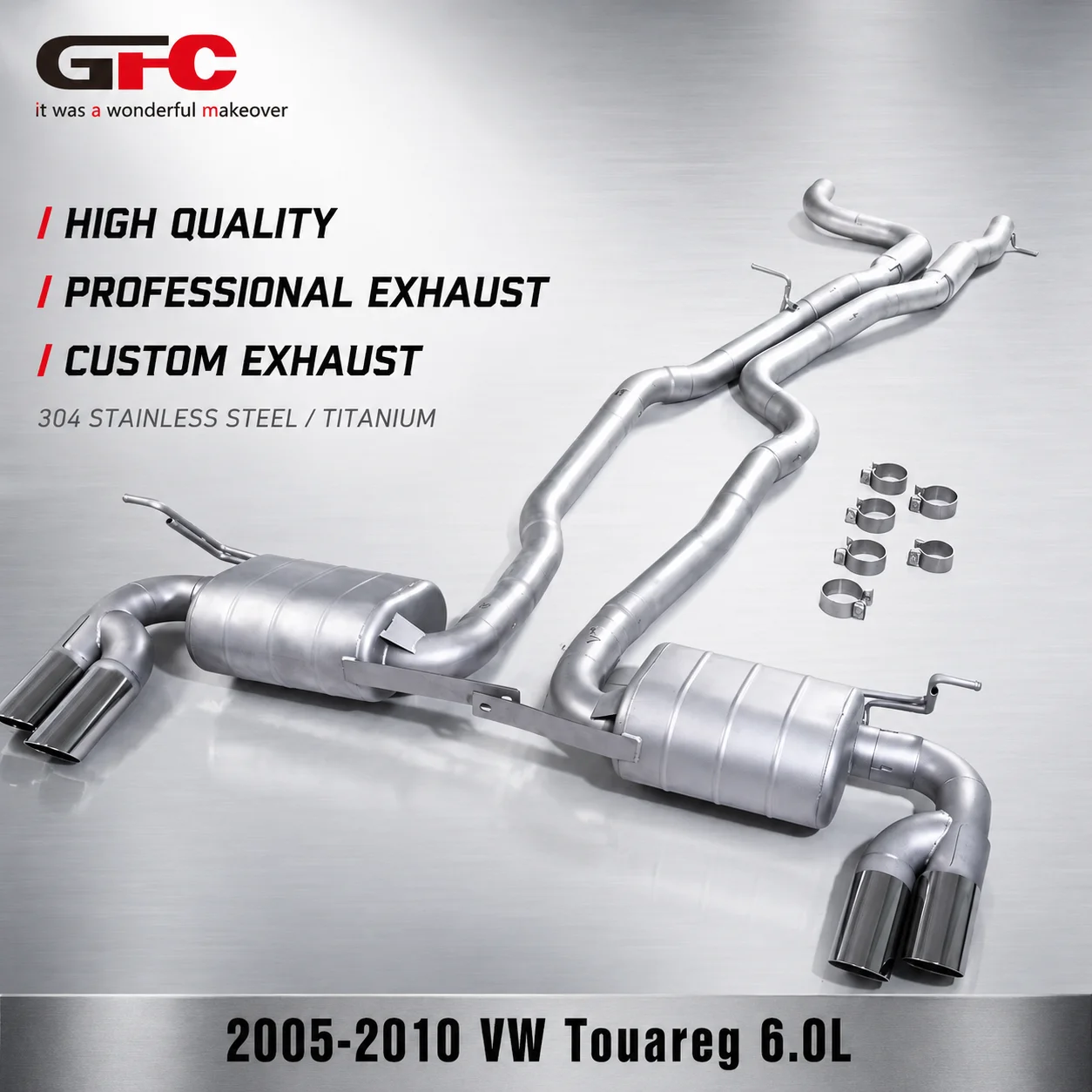 

GFC Performance Sandblasted Catback Exhaust for 2005-2010 VW Touareg 6.0L W12 with Electronic Valve Muffler and Quad Tips