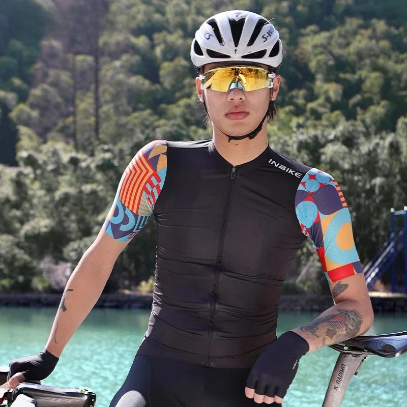 AliExpress INBIKE 2024 Summer Cycling Jersey Men Short Sleeve Quick-dry Men's Bicycle Riding Shirts with 3 Pockets Full Zipper MTB Clothing