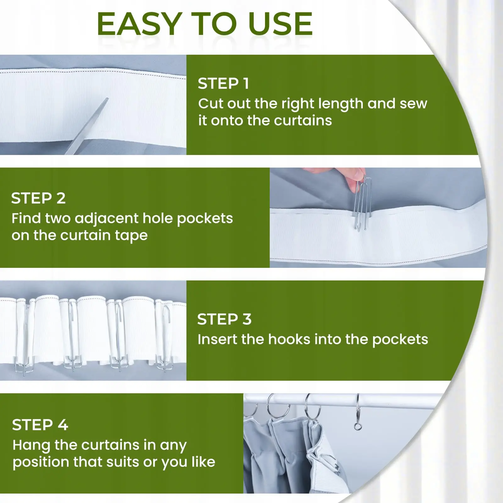 شريط بطيات ستارة 5 م/10 م/15 م مع مجموعة خطافات من الفولاذ المقاوم للصدأ مكونة من 4 شوكات لطيات قرصة ذاتية الصنع