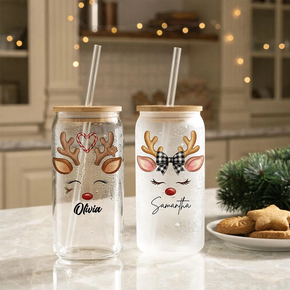 Custom Name Christmas Reindeer Glass Cup With Bamboo Lid Straw Personalized Frosted Iced Coffee Tumbler Xmas Holiday Gift.
