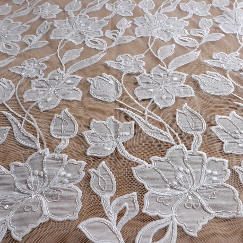 HelluyerDc ivory sequins carded lace fabric,branches leaves flower patterns embroidery for wedding prom dress fabric easy to cut