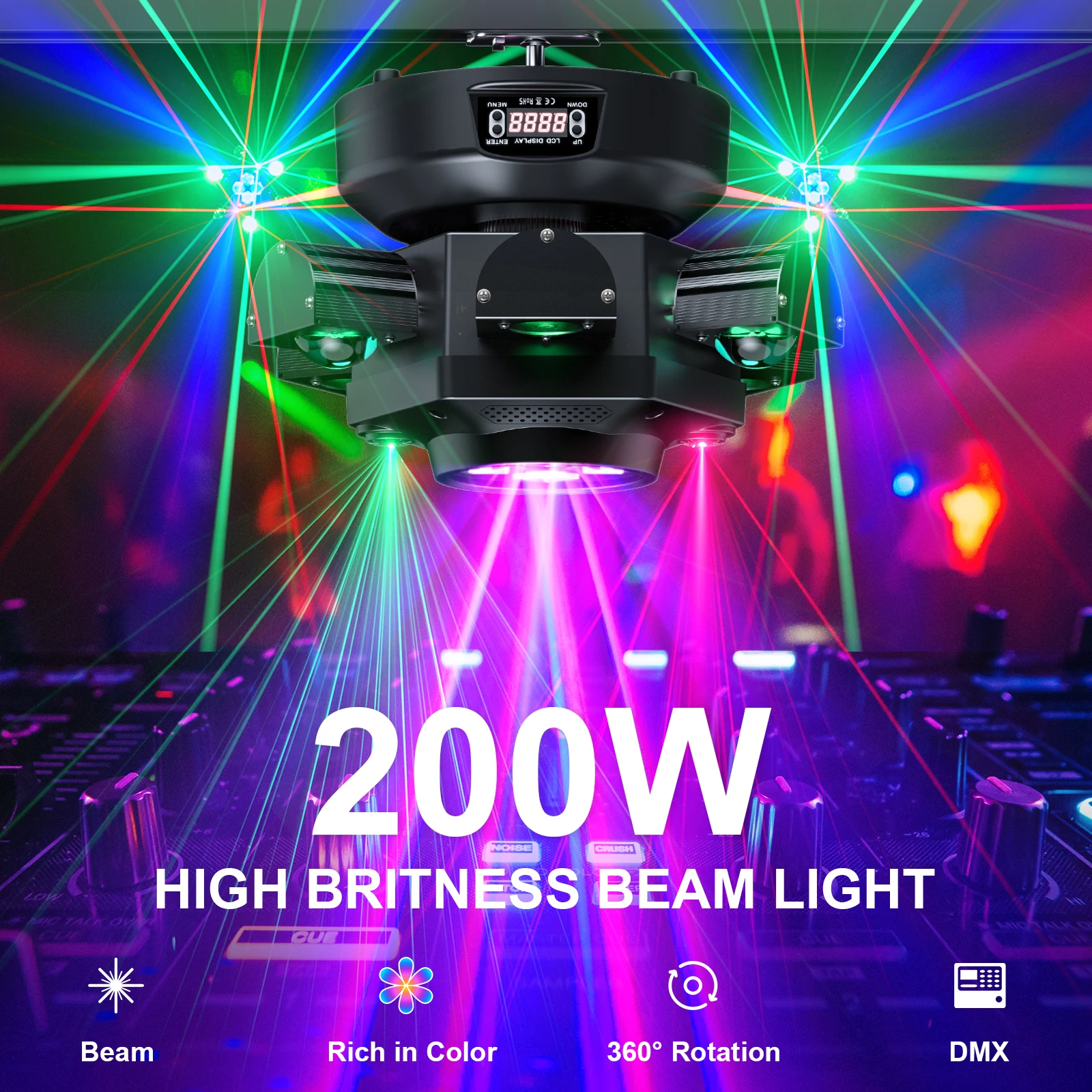 200W RGBW 4-IN-1 Lighting Effect and Starry Effect Controlled DMX512 AUTO Sound-activated and Master-slave For DJ Party Wedding