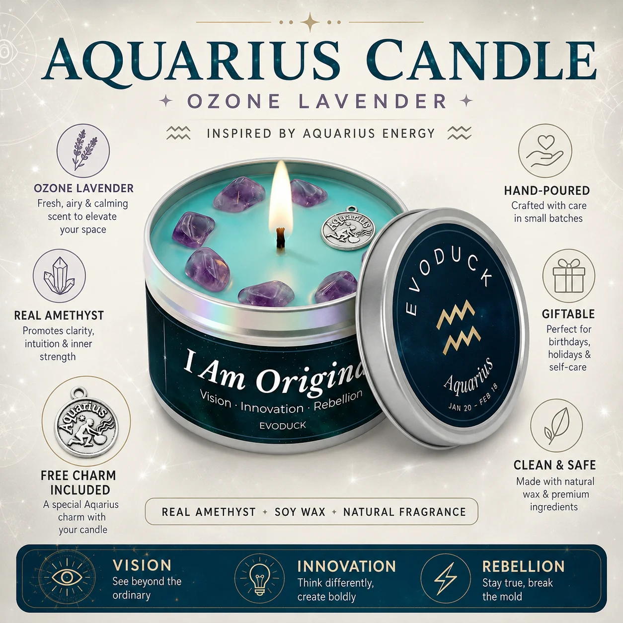 Aquarius Zodiac Scented Candle, Ozone Lavender, Astrology Aromatherapy Candle in Tin, Home Fragrance Decor Birthday Gift, 3oz