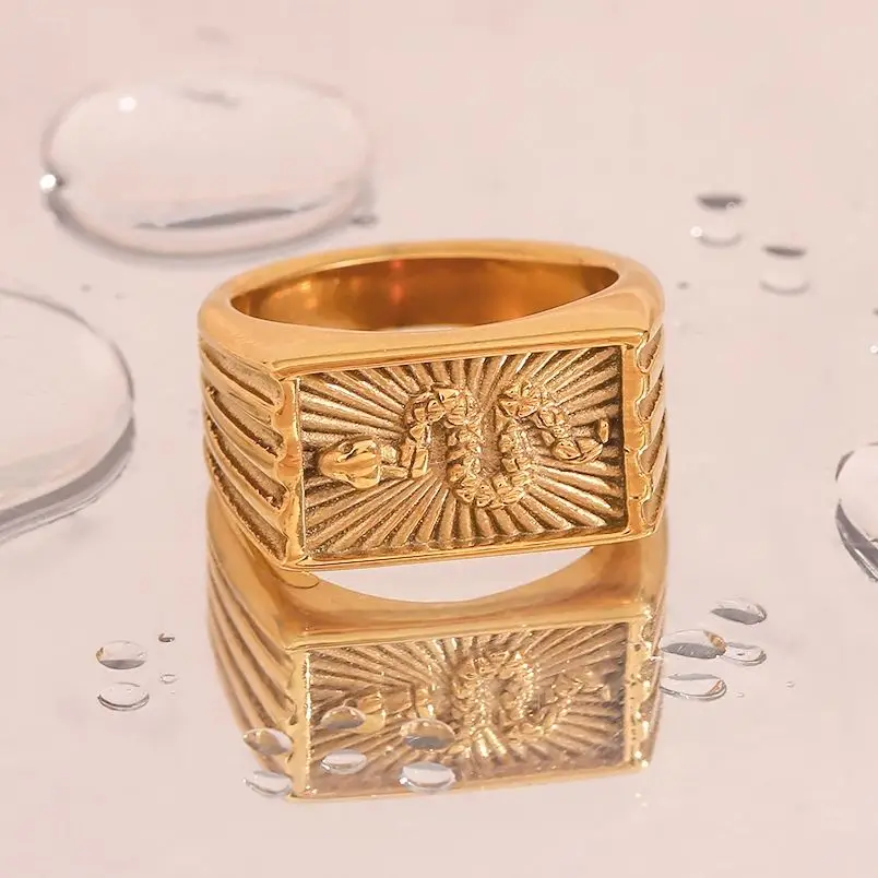 Waterproof Hypoallergenic Snake Sunburst Stamped Rectangle Signet Rings For Woman Vintage Animal Snake Rings Jewelry For Female