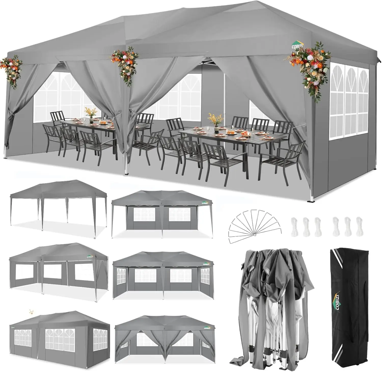 3x6m opvouwbare paviljoen waterdichte stabiele partytent met 6 zijpanelen pop-up tuinluifel 3 in hoogte verstelbaar voor strand, bruiloft