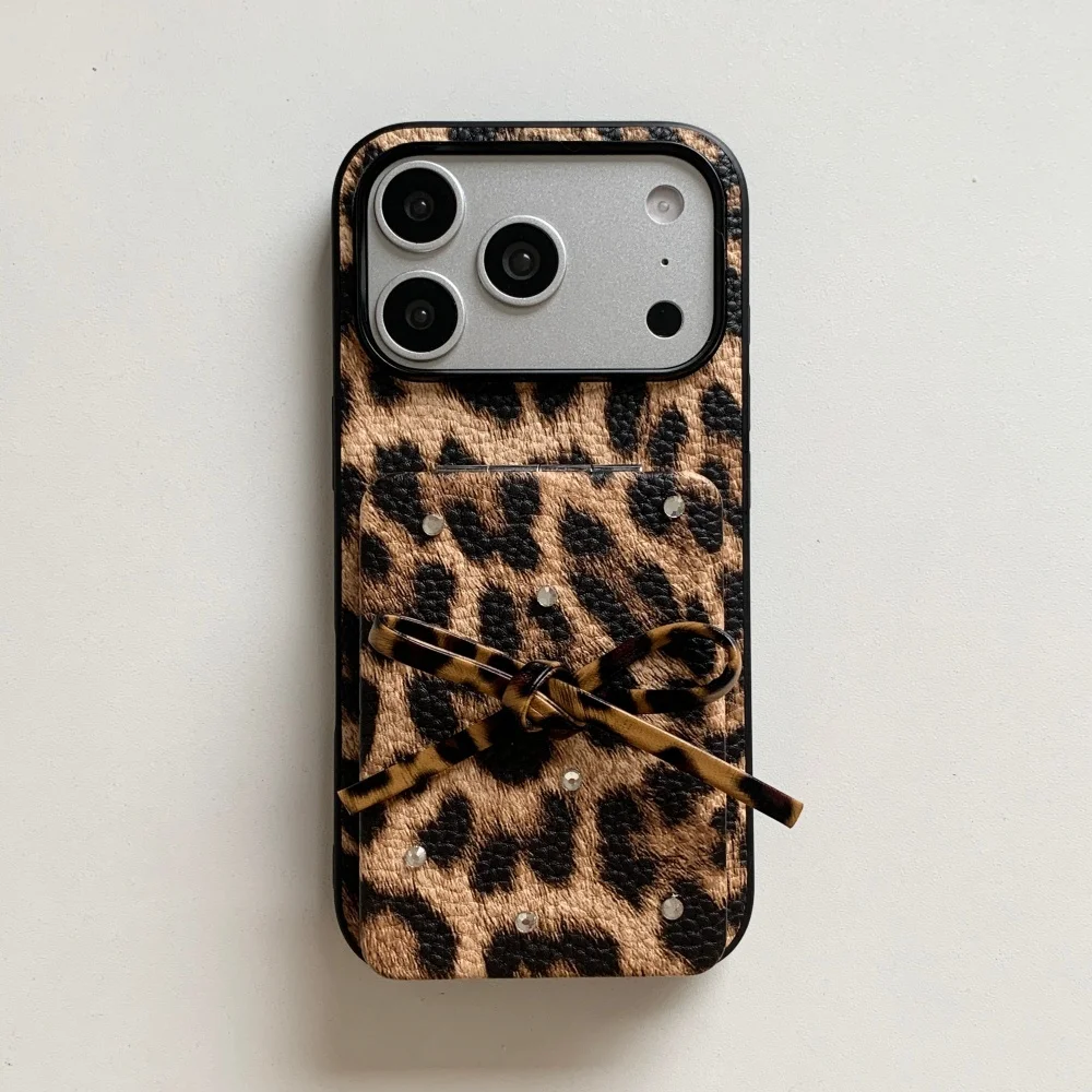 

Роскошный зеркальный чехол с леопардовым принтом и бантом, чехол для телефона 17 16ProMax14Pro, защитный чехол, новый модный противоударный защитный чехол