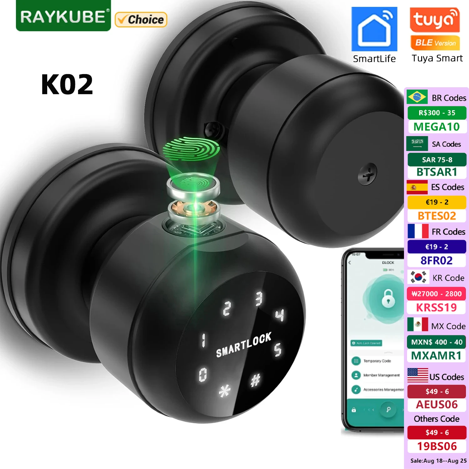 RAYKUBE K02 스마트 라운드 노브 잠금 장치 – 투야 블루투스 생체 인식, 기계 키, 비밀번호 및 앱으로 간편 잠금 해제 가능