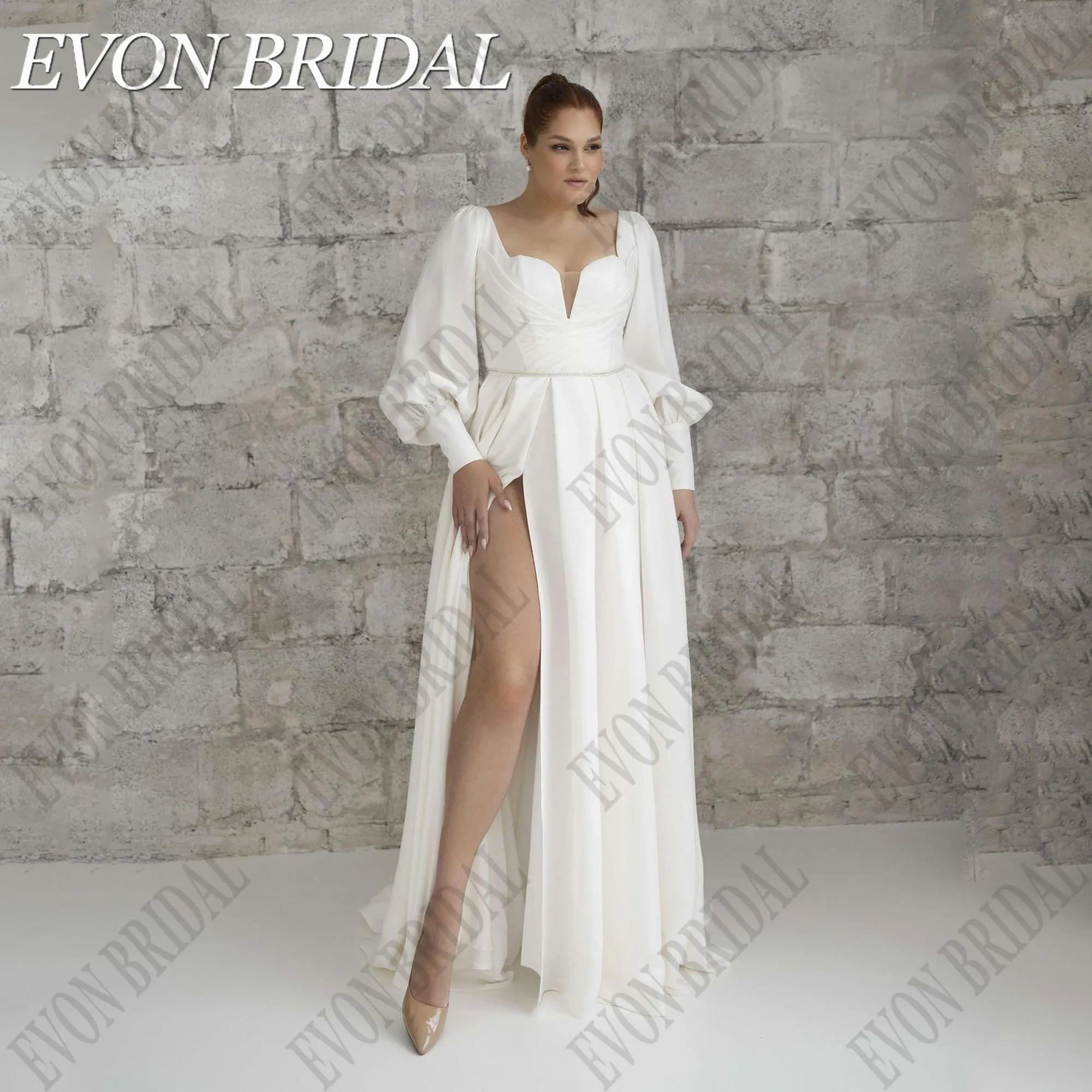 Evon Braut plus Größe Brautkleid Langarm A-Linie Seite Split Satin Brautkleid angepasst Boho Brautkleid Vestidos de NoviaEVON BRIDAL Plus Size Brautkleid Langarm A-Linie Seite Split Satin Brautkleid Maßgeschneiderte Bo