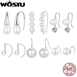 WOSTU Original 925 Sterling Silver Simple Drop pearl hook Earrings Hoop With Shell For Women Wedding Party Gift Fine Jewelry