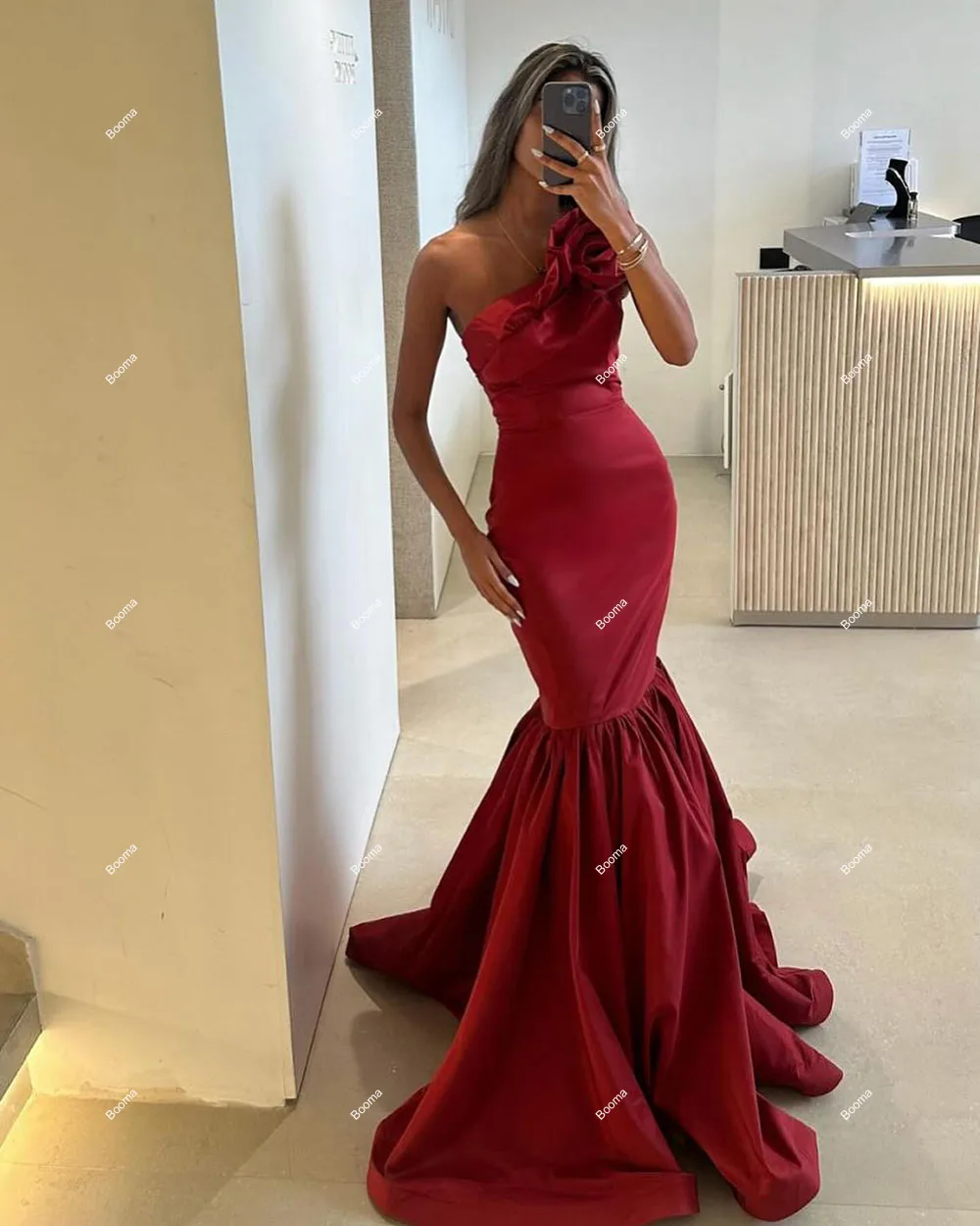 Booma Elegant Mermaid Evening Dresses One Shoulder Pleats Ruched Formal Occasion Gowns for Women Floor Length Party Prom Dress