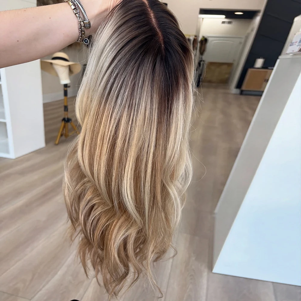 Baby Blonde Balayage Rooty Wavy Wig Classic Long Hairstyle Human Hair Blend HD Invisible Lace Front Wig 13x4 Free Part 26