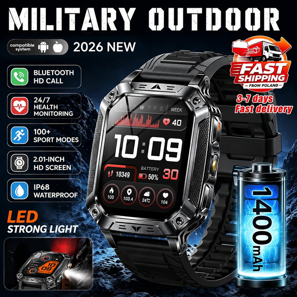 Montre connectée militaire 2026 avec batterie de grande capacité 1400mAh, étanche IP68, fonction d'appel SOS, lampe de poche, suivi de la fréquence cardiaque et des activités sportives, pour hommes.