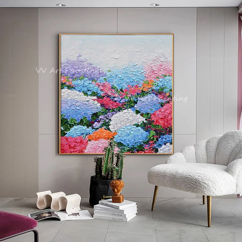 Abstract Canvas colorful flower large size handmade thick pink blue canavs oil painting for Living Room decoration