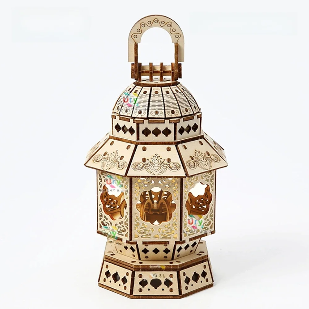 URY 3D Wooden Puzzle Hand Lantern Vintage Light Bedside Lamp Model Assembly Building Kits Desk Decoration Gifts for Adults