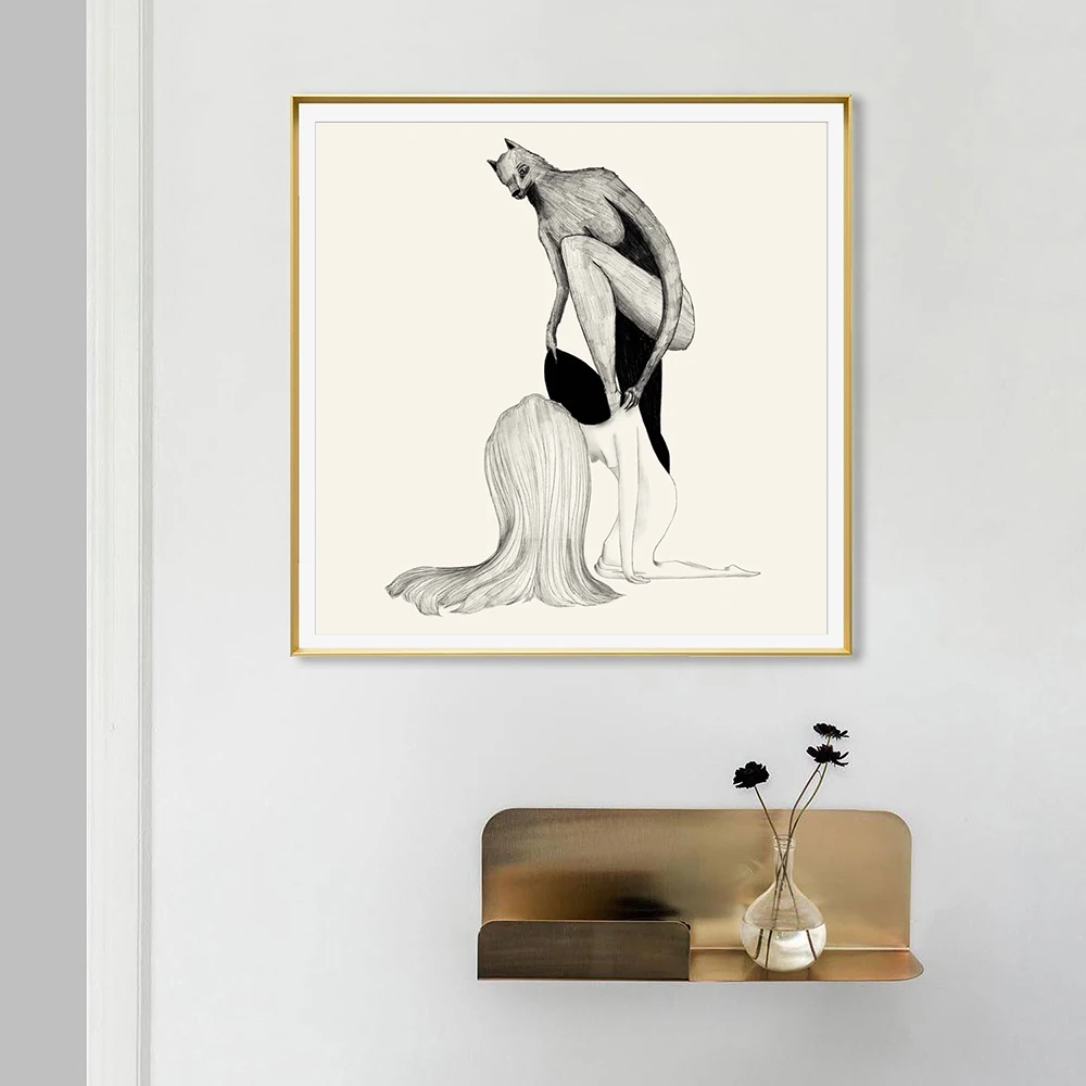 Werewolf Illustration Art Print A Werewolf Girl Changing Out of Her Human Skin Drawing Canvas Poster Bedroom Living Room Decor