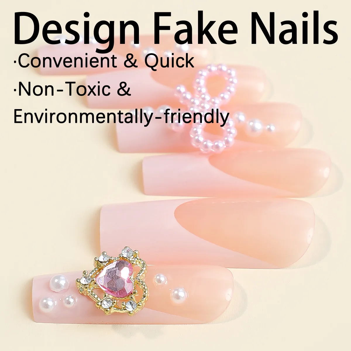 24Pcs Pink Water Pipe Cute Sweet Diamond Style French False Nails Pearl Bow Wearable Fake Nail Press On Nail Long Coffin