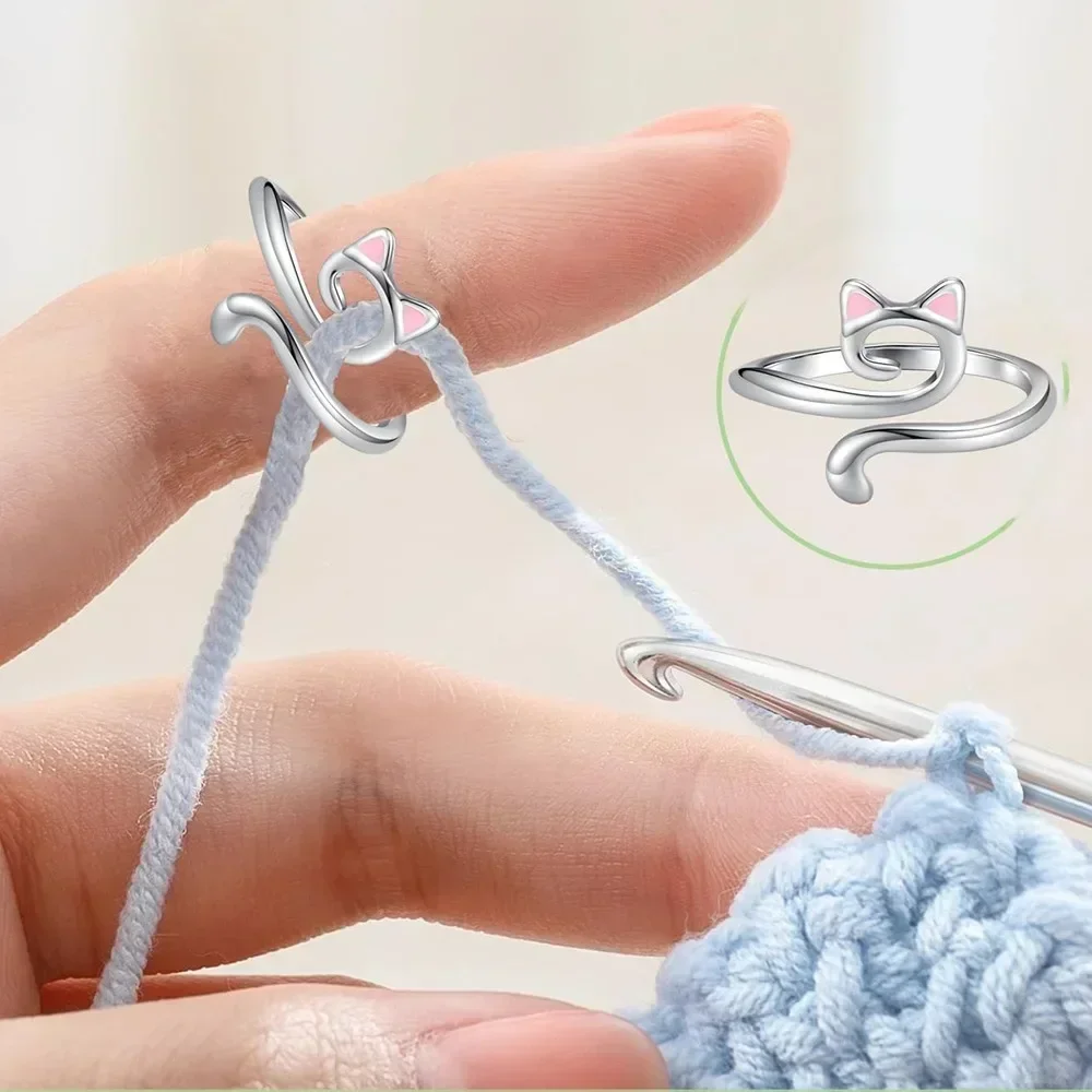 Anneau de chat mignon à Tension de Crochet réglable, anneau de Crochet de tricot pour débutant, porte-doigt de guidage de fil, outils d'enroulement de dé à coudre