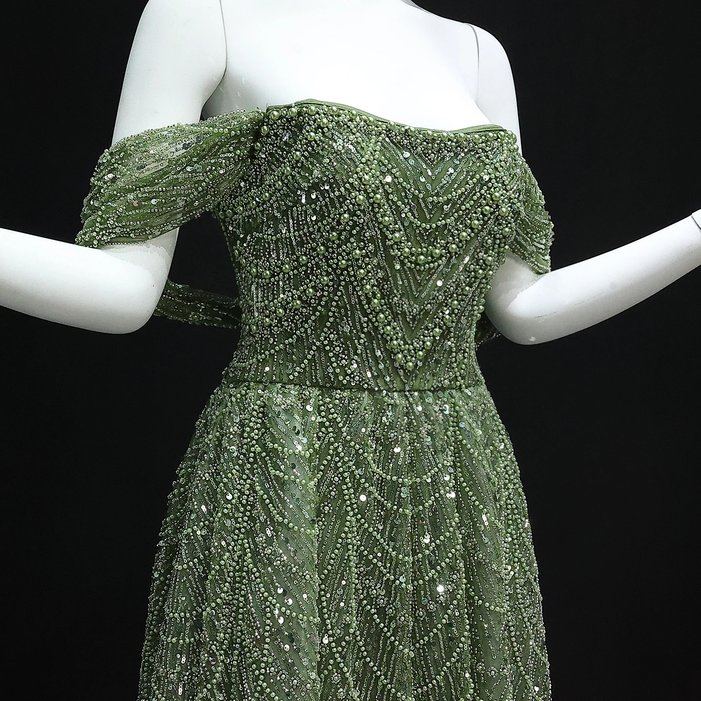 Sharon Said Luxuriöses Arabisches Perlenbesetztes Nude-Abendkleid für Dubai-Hochzeit, Schulterfrei, Übergröße, Formelle Partykleider SS676 Maßanfertigung – Detail 9