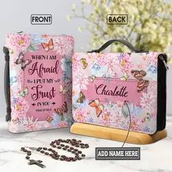 Luxury PU Leather Bible Bag When I Am Afraid I Put My Trust In You Verse Pink Floral Print Customized Bible Cover Case for Women